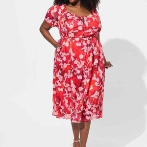 Torrid Red Wrap Midi Dress with Ruffled Flutter Sleeves